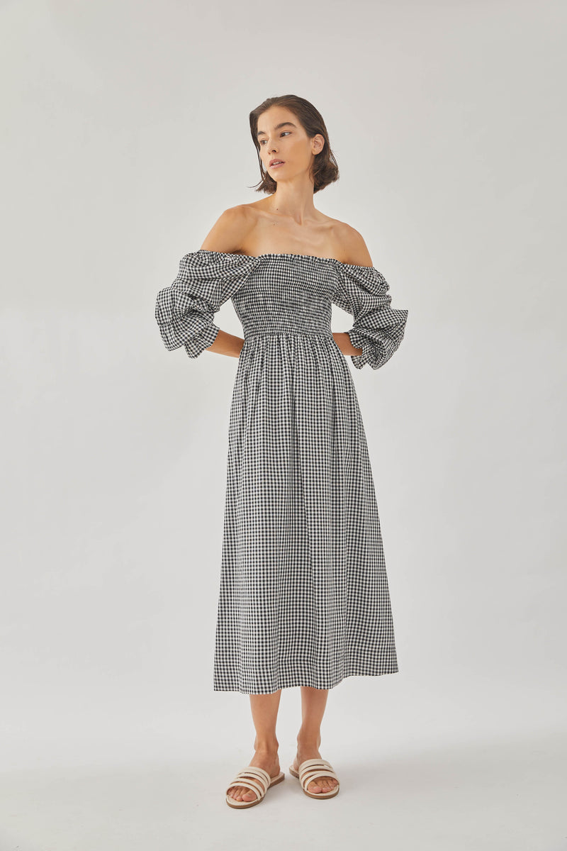 Cotton Shirred Midi Dress in Checkered ...